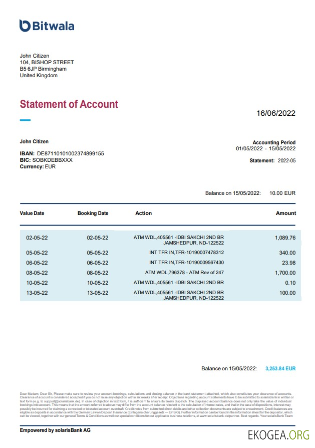 Relevé bancaire Bitwala du Royaume Uni, modèle Word et PDF